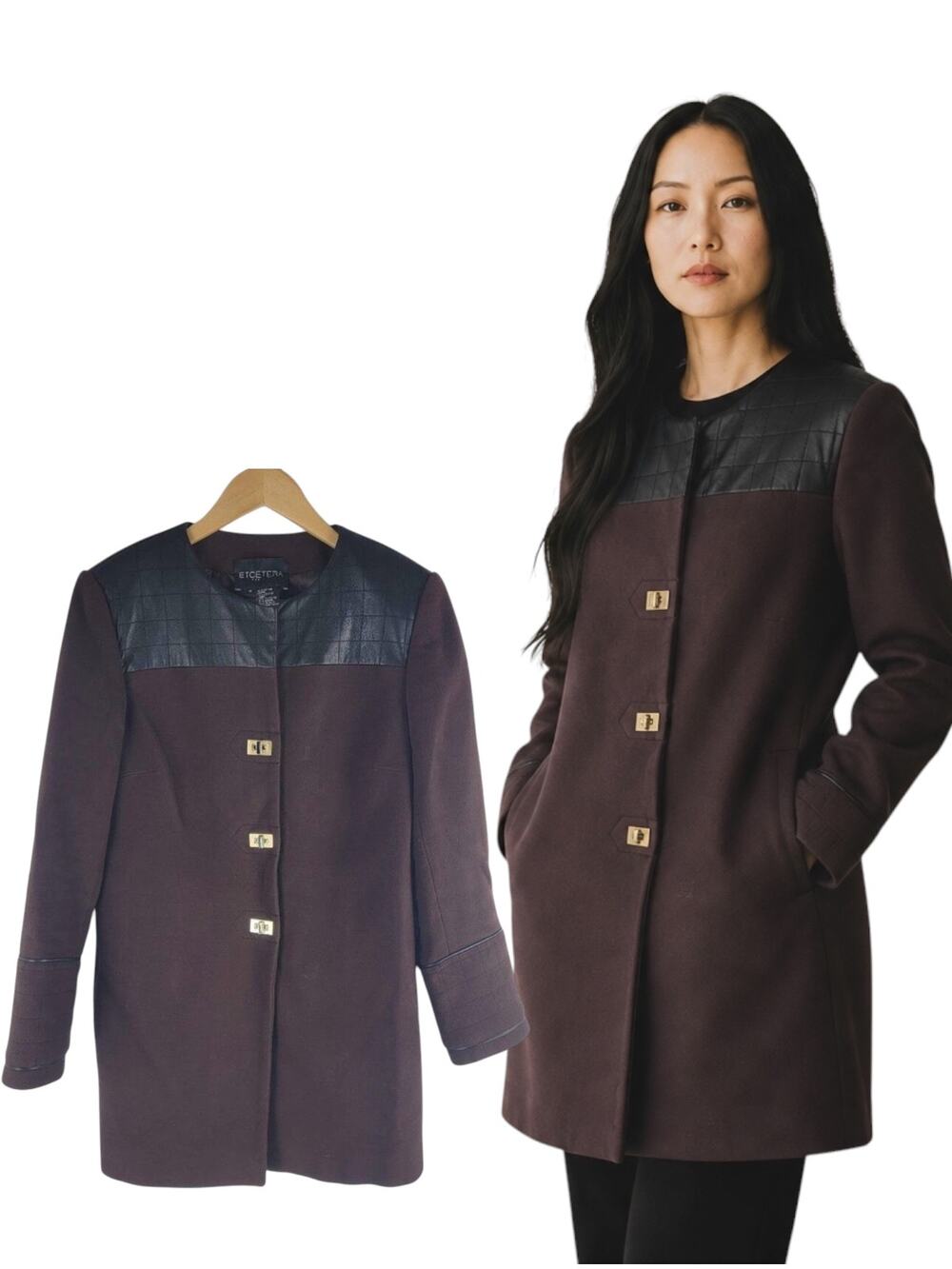 Etcetera Cotton And Leather Coat Lined Brown Black Size 6